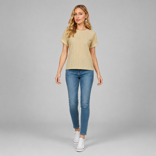 Bella Freizeitshirt | Lochstickerei Baumwoll-Top mit Ärmeln