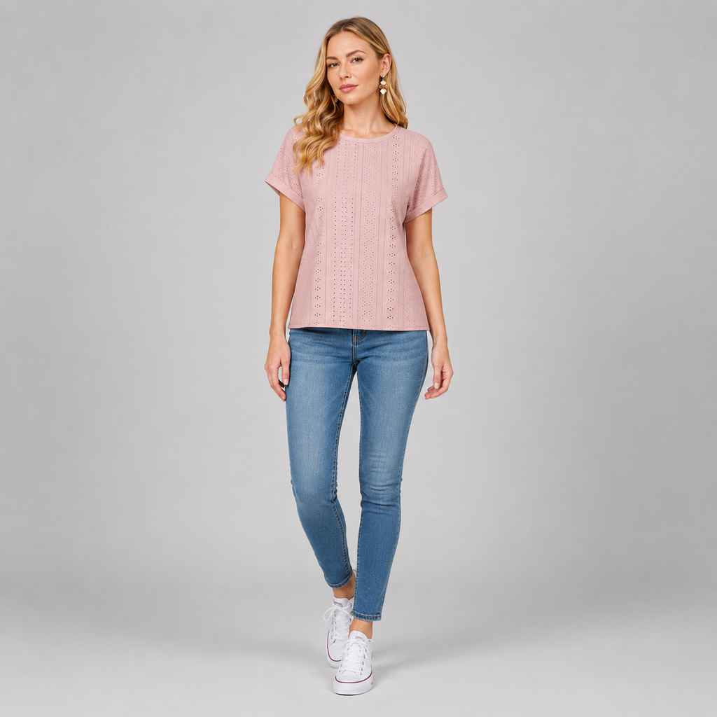 Bella Freizeitshirt | Lochstickerei Baumwoll-Top mit Ärmeln