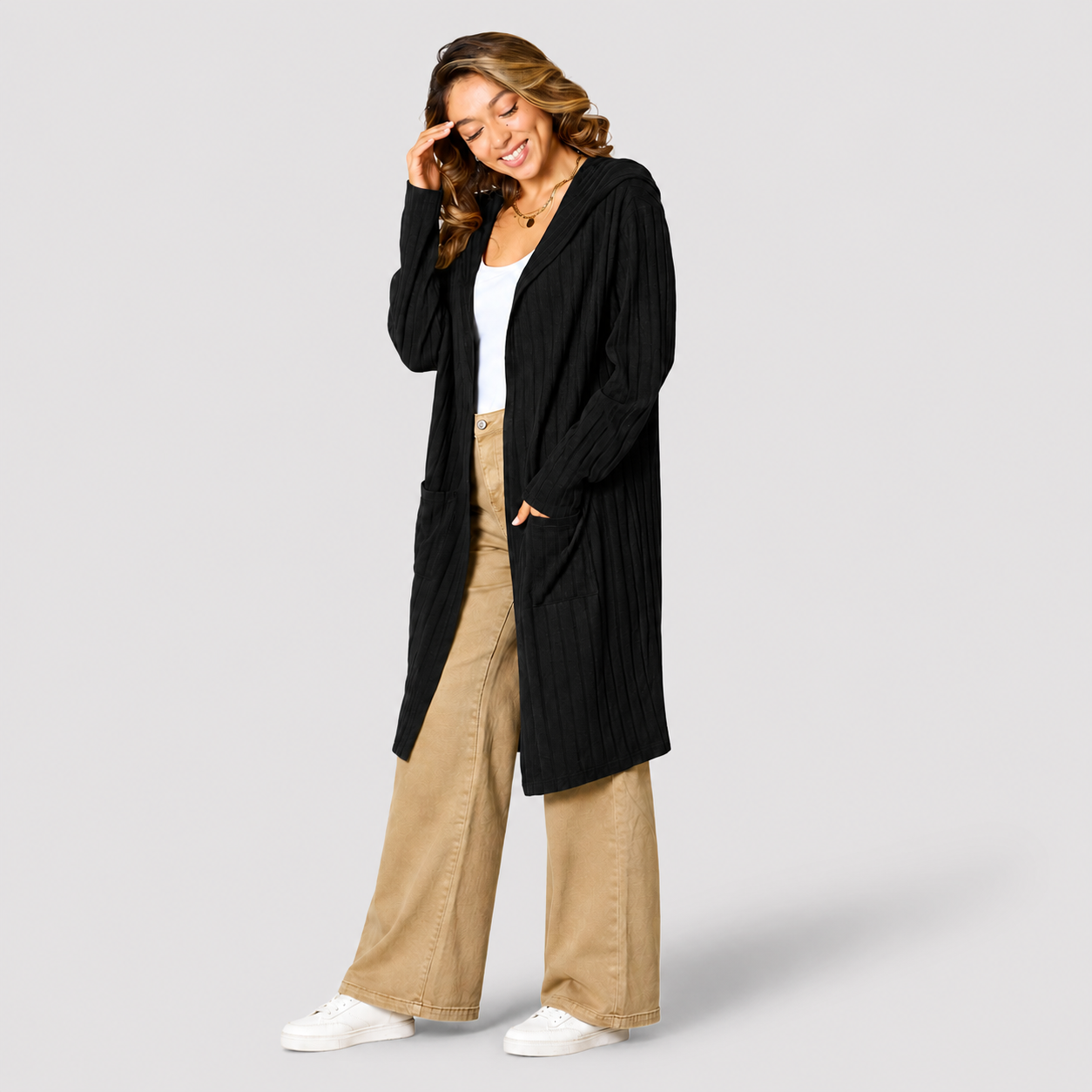 Damen Strickjacke mit Kapuze | Lang & Gemütlich Geschnitten