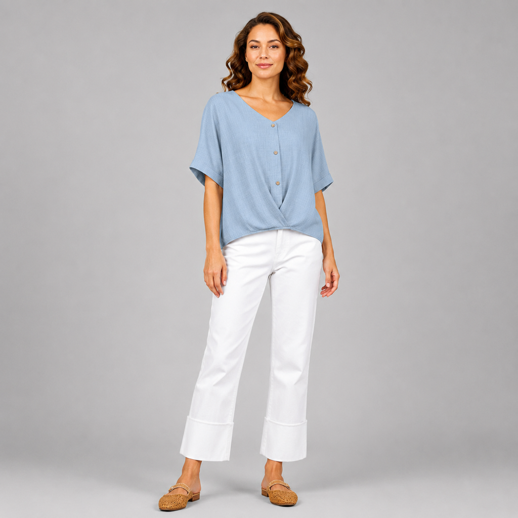 Damen Twist-Bluse mit V-Ausschnitt | Strukturierter Leinen-Look