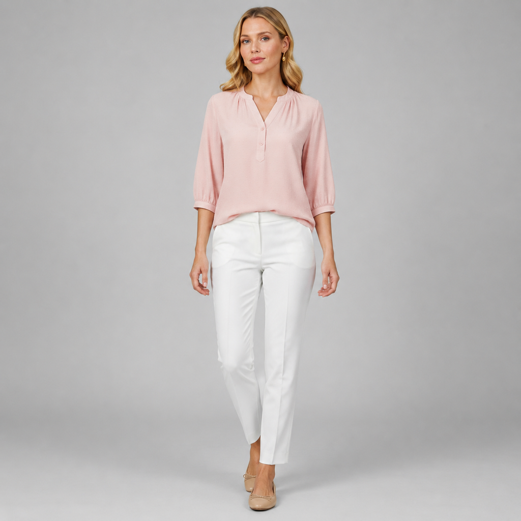 Damen Strukturierte Bluse | V-Ausschnitt & 3/4 Ballonärmel