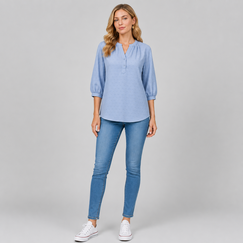 Damen Strukturierte Bluse | V-Ausschnitt & 3/4 Ballonärmel