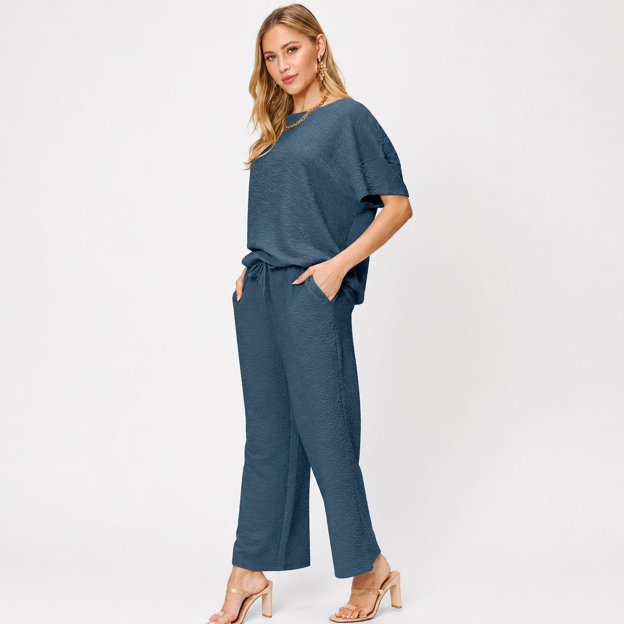 Damen Strukturiertes Zweiteiler-Set | Top & Weite Hose
