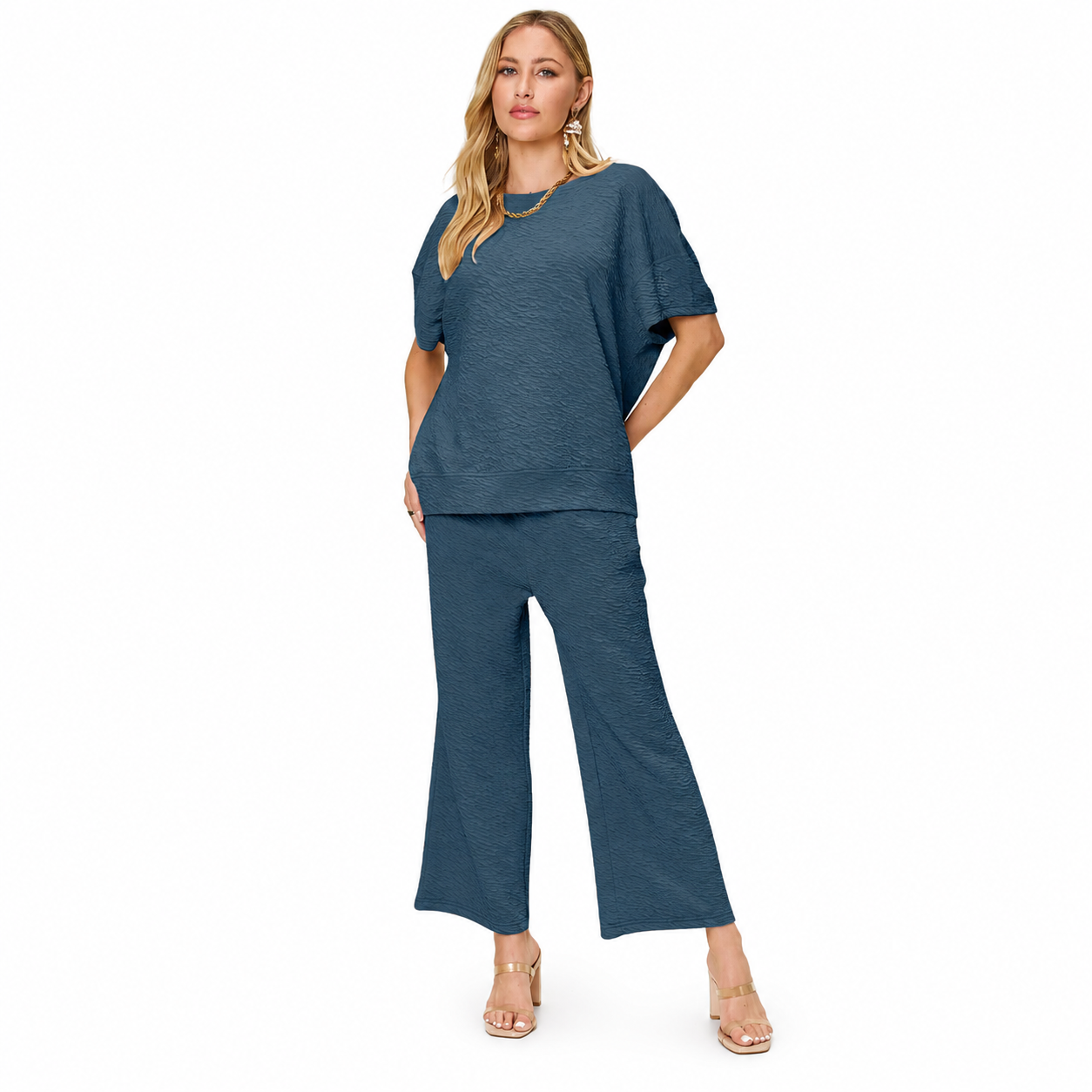 Damen Strukturiertes Zweiteiler-Set | Top & Weite Hose