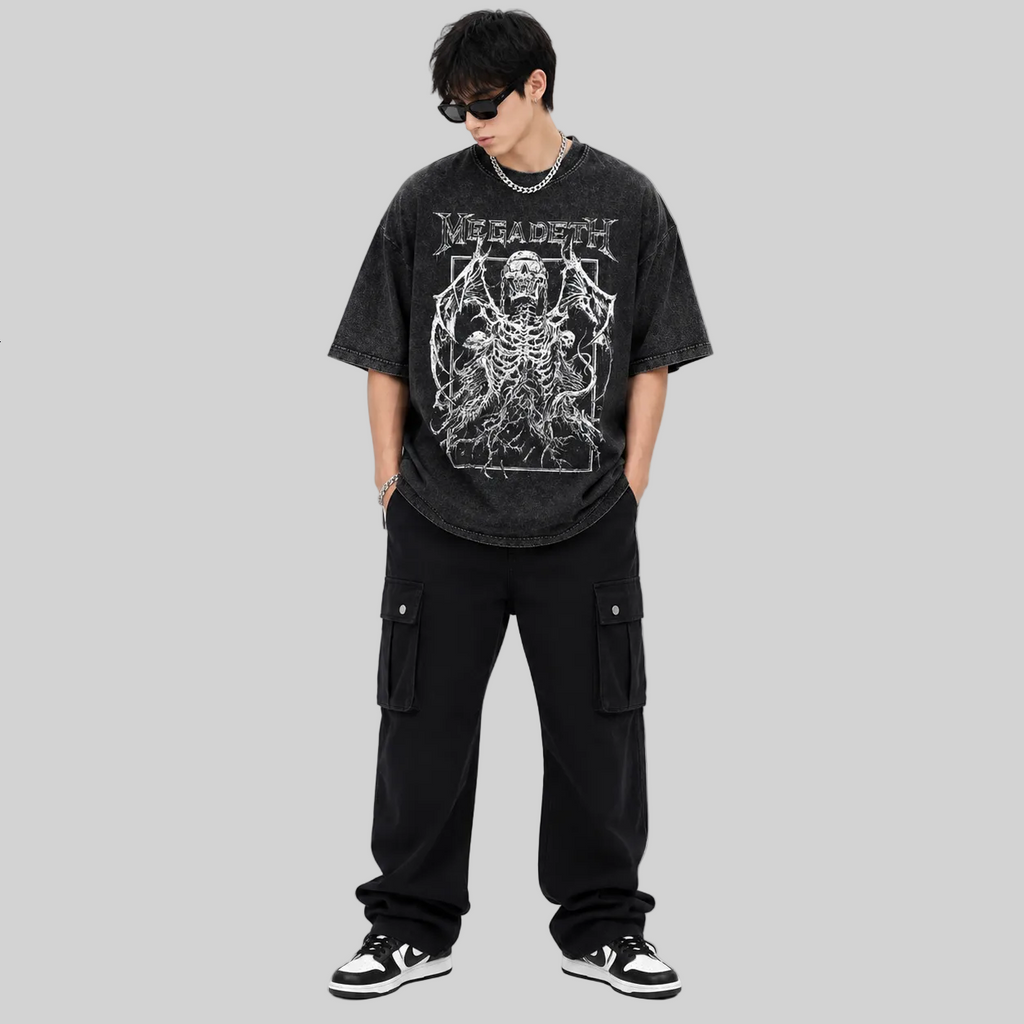 Herren Oversized Vintage Washed T-Shirt — Totenkopf & Flügel Retro-Print