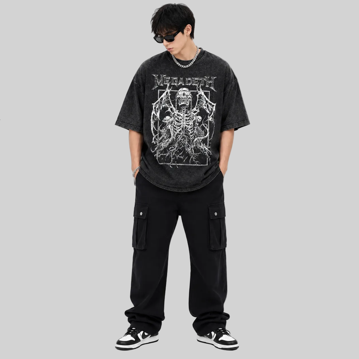 Herren Oversized Vintage Washed T-Shirt — Totenkopf & Flügel Retro-Print