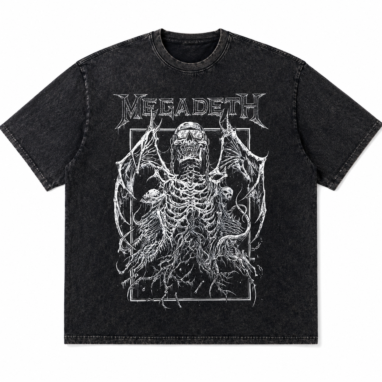 Herren Oversized Vintage Washed T-Shirt — Totenkopf & Flügel Retro-Print
