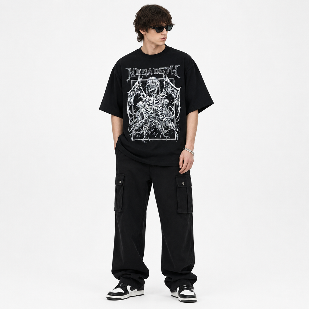 Herren Oversized Vintage Washed T-Shirt — Totenkopf & Flügel Retro-Print