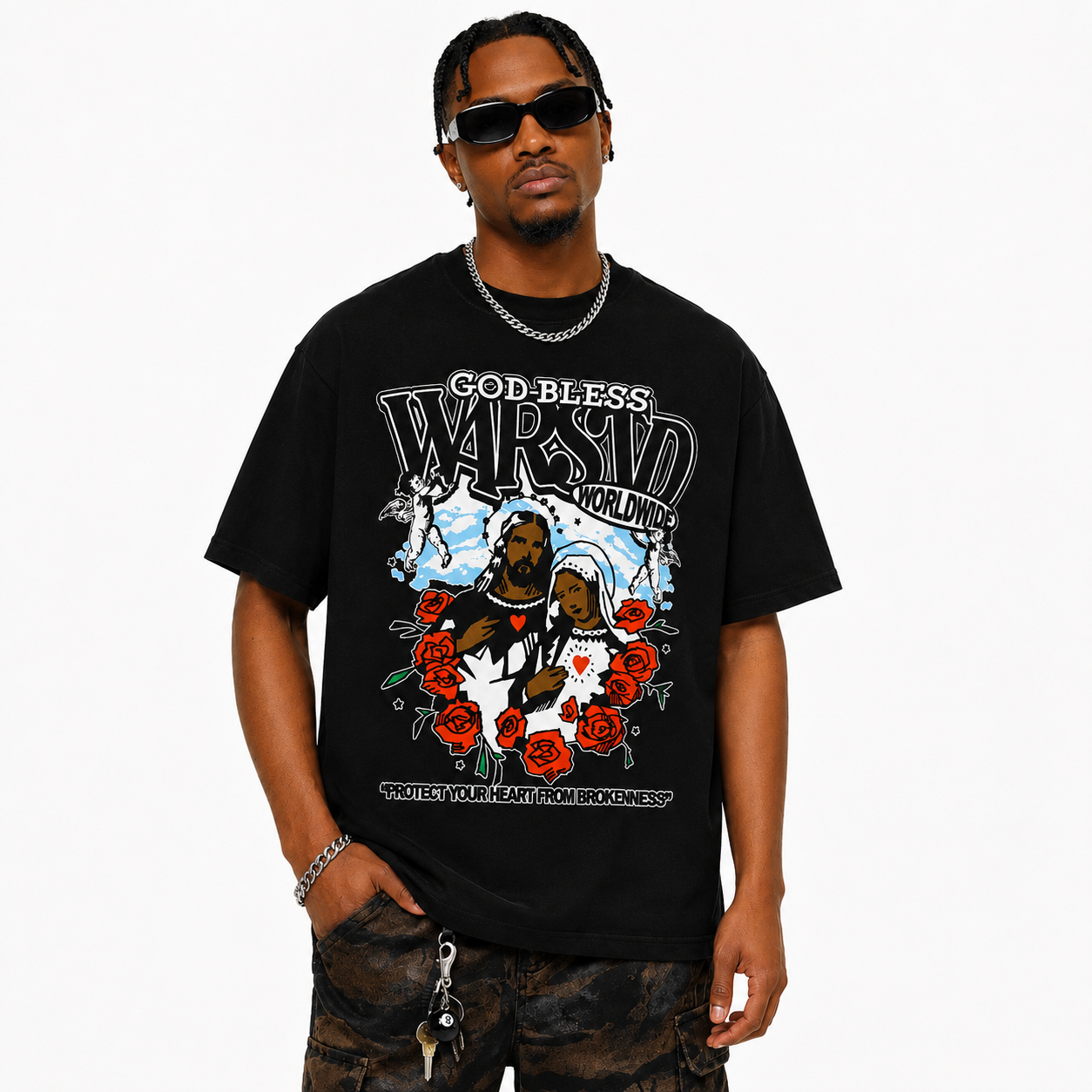 Herren Oversized Vintage Wash T-Shirt | God Bless Rosen-Print