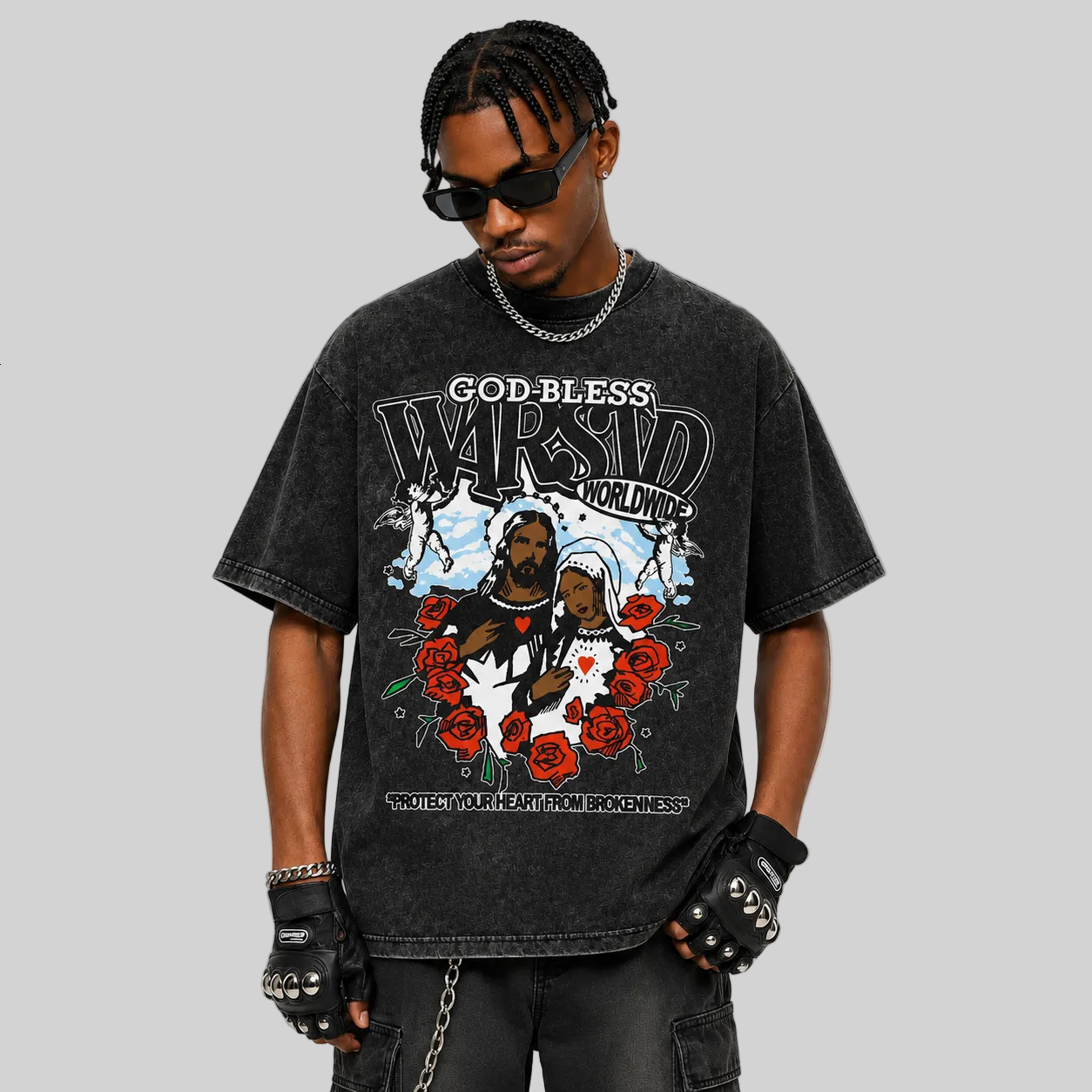 Herren Oversized Vintage Wash T-Shirt | God Bless Rosen-Print
