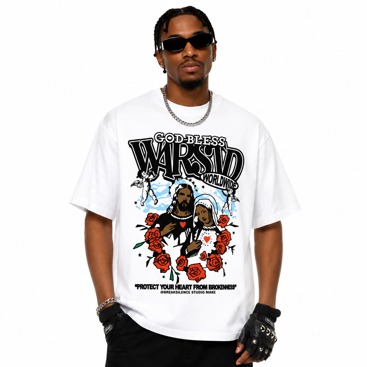 Herren Oversized Vintage Wash T-Shirt | God Bless Rosen-Print